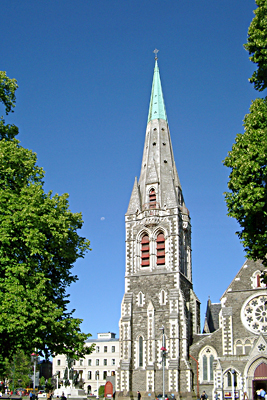 The steeple and bell tower of the Christchurch Cathedral as it appeared in 2004. This steeple was one of many to collapse in Christchurch and nearby communities.