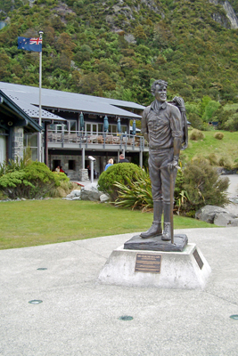 This statue of Sir Edmund Hillary stands in front of The Hermitage Hotel, which is in Aoraki/Mt Cook National Park, New Zealand.