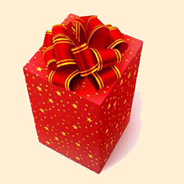 A rendering of a red and gold Christmas gift.