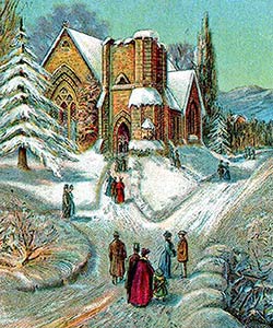 A photographic image of a snow-covered church in Victorian times.