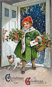 A photographic image of a Victorian Christmas, which shows a smiling boy coming into a house from a snowfall.
