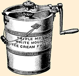 An illustration of a hand-cranked ice cream freezer.