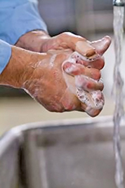 A photographic image of a man washing his hands.